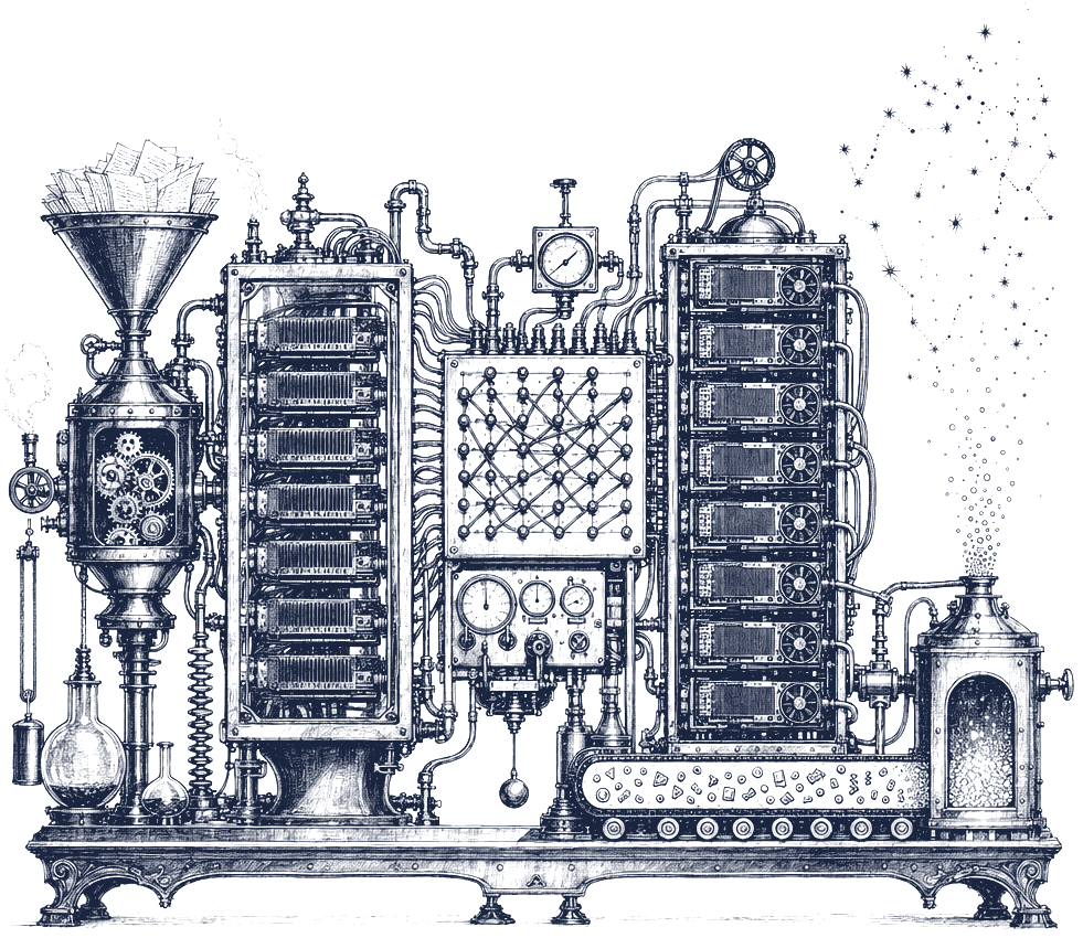 hand-drawn ink illustration of a token factory: a Victorian-era apparatus with GPU-like card racks, attention switchboard, and a stream of tokens emerging as a constellation